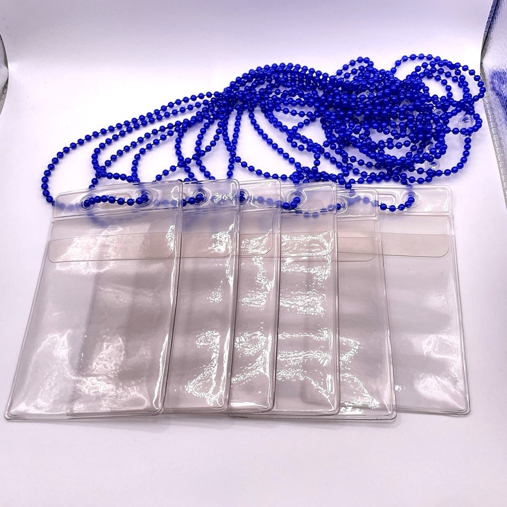 Vertical ID Badge Necklace Holder Vinyl Case BLUE Lanyard Event Work LOT of 6